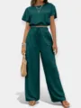 Conjunto elegante de mujer con top liso de cuello redondo y pantalones anchos altos - S / Parte Superior Y Inferior / Verde