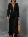 Detalle vestido largo negro liso estilo bohemio manga larga con volantes y cuello en V. - S / Negro