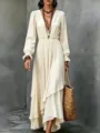 Vestido largo maxi de gasa liso estilo bohemio con cuello en V y volantes asimétricos - S / Blanco Roto