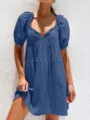 Vestido de verano azul casual con cuello en V, mangas abullonadas y cordón para diario. - Azul