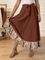 Mujer falda larga marrón acanalada dobladillo floral contraste lazo cintura verano casual - XL / Marrón Oscuro