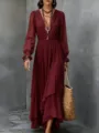 Bohemian solid V-neck long sleeve chiffon maxi dress with irregular ruffle hem for women. - Burgundy