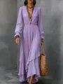 Long sleeve V-neck chiffon maxi dress featuring bohemian style and irregular ruffled hem for women. - Light Purple