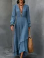 Close-up detail of the elegant blue long-sleeve maxi dress showcasing boho ruffle hem. - Sky Blue