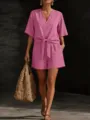 Pink V-neck short sleeve button up top and matching shorts set with front tie casual outfit - Rose Red
