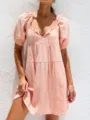 Vestido de verano casual rosa con cuello en V y manga abullonada, ropa de vacaciones cómoda. - S / Rosa