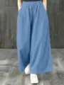 Women casual high waist wide leg trousers blue elastic waist loose straight vintage pants - XL / Sky Blue