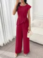 Conjunto elegante de dos piezas rojo para mujer con top de cuello redondo y pantalon ancho. - S / Parte Superior Y Inferior / Rojo