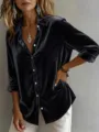 Camisa de manga larga de terciopelo casual para mujer, elegante diseño de detalle otoñal. - S / Negro