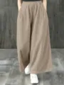 Women's high waist wide leg pants feature elastic waistband and ribbed texture for casual daily wear. - XL / Khaki