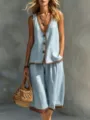 Vista detallada del conjunto casual estilo vacacional con chaleco sin mangas y pantalón. - S / Parte Superior Y Inferior / Azul claro