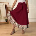 Falda Larga Mujer Verano Cintura Alta Cinta Lazo Falda Acanalada Estampado Floral - XL / Rojo