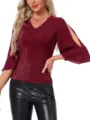 Mujer Cuello V Manga 3/4 Brillante Patchwork Blusa Casual Top Elegante Moda - S / Burdeos
