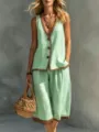 Conjunto casual de verano con chaleco y short para mujer, estilo vacacional con botones. - S / Parte Superior Y Inferior / Verde claro