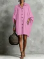 Vestido camisa amplio casual rosa de lino con mangas murciélago y solapa con botones. - S / Rosa