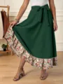 Falda larga mujer verde oscuro acanalada con dobladillo floral y lazo en cintura verano - XL / Verde