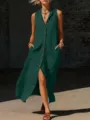 Vestido largo sin mangas con cuello en V y botones detalle, estilo elegante y chic. - S / Verde Oscuro