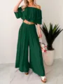 Green off-shoulder crop top and wide leg pants two-piece set for women casual fashion wear. - S / Top And Bottom / Green