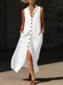 Detalle de vestido largo blanco sin mangas con cuello en V y abertura estilo exterior. - S / Blanco