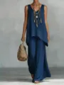 Boho blue sleeveless v-neck top and wide leg pants set, casual summer outfit details. - Navy Blue