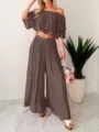 Detailed view of the stylish brown off-shoulder crop top and wide leg pants two-piece set. - Khaki