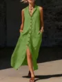 Ärmelloses V-Ausschnitt einreihiges geschlitztes langes Kleid, grüne Sommerkleid Details. - Grün
