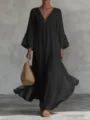Elegante vestido largo negro bohemio con cuello en V profundo y mangas acampanadas ideales. - S / Negro