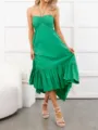 Verano sin mangas cuello halter fruncido plisado alto bajo largo vestido de mujer - S / Verde
