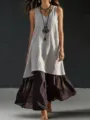 Vista detallada del vestido de lino sin mangas con cuello en V y falda larga fluida. - S / Gris claro