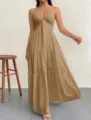 Summer sexy halter maxi dress, deep V neck A-line tiered long dress for holiday party. - Khaki
