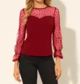Mujer Manga Larga Malla Transparente Corazón Patrón Top Elegante Blusa Burdeos Casual - S / Rojo