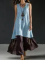 Vista detallada de un conjunto de vestido largo de lino holgado sin mangas cuello V para mujer. - Azul claro