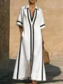 Elegante vestido maxi de verano con solapas negras de contraste y detalles de rayas. - S / Blanco