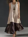 Vestido largo informal sin mangas con cuello en V de lino para mujer, holgado. - Caqui
