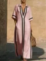 Vestido largo rosa con solapa para mujer, maxi vestido casual cuello V contraste con bolsillos. - S / Rosa