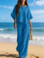 Conjunto casual de dos piezas para mujer en azul con top irregular y pantalones largos. - S / Parte Superior Y Inferior / Azul