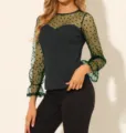 Top de mujer de manga larga de tul con estampado de corazones elegante cuello redondo - S / Verde