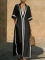 Detalle de vestido largo negro contrastado, cuello V solapa estilo vacaciones mujer. - S / Negro