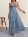 Summer women's halter deep V-neck maxi dress, elegant tiered A-line party holiday dress. - Slate Gray
