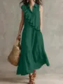 Vintage green sleeveless lapel dress with diagonal ruffle detail for elegant daily commuting style. - Green