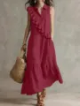 Vestido maxi retro sin mangas con solapa y volantes elegantes para el uso diario urbano. - S / Rojo