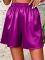 Mujer satin elastica cintura liso suelto casual pantalones cortos detalle, morado - S / Bottoms / Púrpura