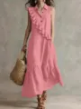 Close-up detail of the elegant pink sleeveless ruffle dress, showcasing fine fabric texture and layers. - Pink