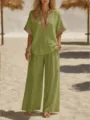Conjunto casual verde oliva para mujer, blusa elegante con cuello en V y pantalón ancho. - S / Parte Superior Y Inferior / Verde matcha