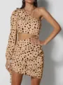 Detail view of sexy one-shoulder leopard print cutout dress with ruched hip-hugging design. - Khaki