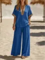 Conjunto de dos piezas azul top manga corta casual pantalón ancho playa verano - S / Parte Superior Y Inferior / Azul zafiro