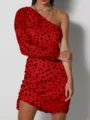 Vestido corto ajustado rojo asimétrico con estampado de leopardo y manga larga sexy mujer - S / Rojo