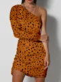 Sexy one shoulder long sleeve leopard print bodycon dress stylish party club mini dress outfit - Turmeric