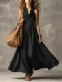 Vestido largo de verano sin mangas cuello V detalle para mujeres estilo vacaciones chic. - S / Negro