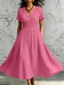 Vestido midi de verano casual color sólido cuello V manga corta talle fruncido mujer - S / Rosa rojo